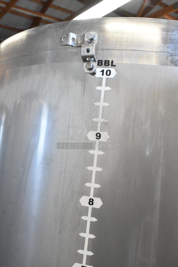 Stainless steel 10 BBL beer tank with BBL markings, used for tax determination. In commercial floor style, 420-gallon capacity.