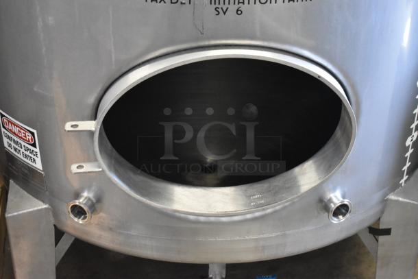 Stainless steel 10 BBL/420-gallon beer tank, floor-style, with clear beer indicators, tax determination label; excellent condition.