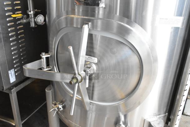 JV Northwest stainless steel 10 BBL beer brewing tank, floor style, 420-gallon capacity. Visible gauges and valves.