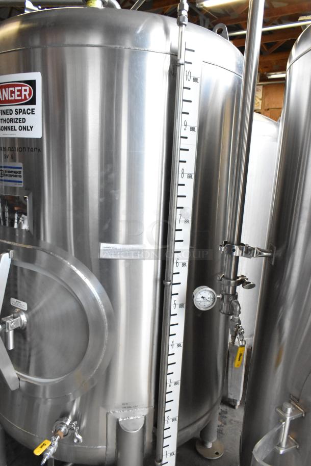 JV Northwest Stainless Steel 10 BBL Beer Brewing Tank, 420 Gallon capacity, with sight gauge and warning labels, in excellent condition.