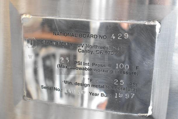 JV Northwest stainless steel brewing tank label, certified, max pressure 25 PSI at 100°F, serial 14030, year built 1997.