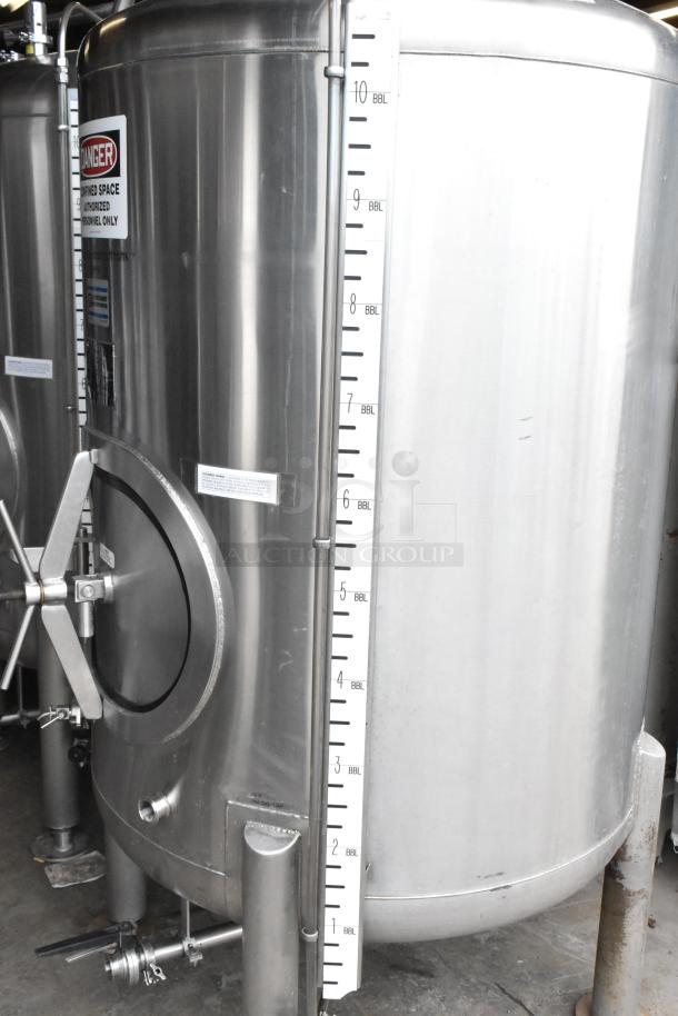 JV Northwest 10 BBL stainless steel fermenting tank, floor style, 420-gallon capacity, visible volume marker, excellent condition.