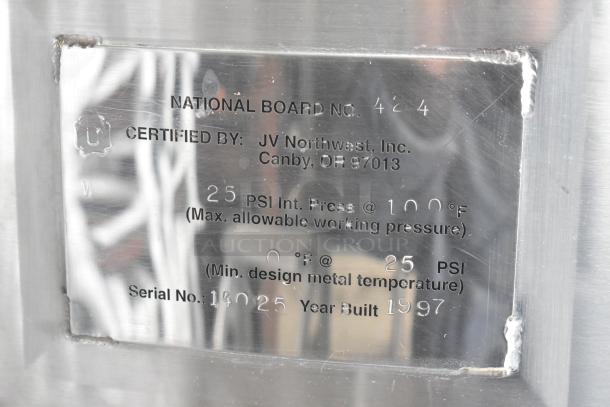 JV Northwest 10 BBL stainless steel beer fermenting tank, 420 gallons, year 1997, 25 PSI, certified by JV Northwest Inc.