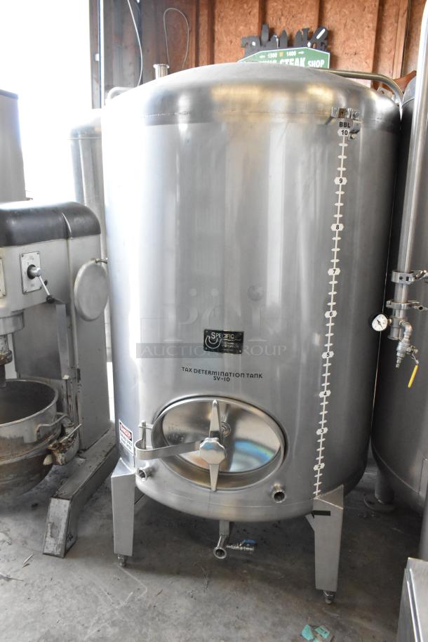 Stainless steel 10 BBL/420 Gallon beer tax determination tank, floor style, labeled "Tax Determination Tank SV-10."