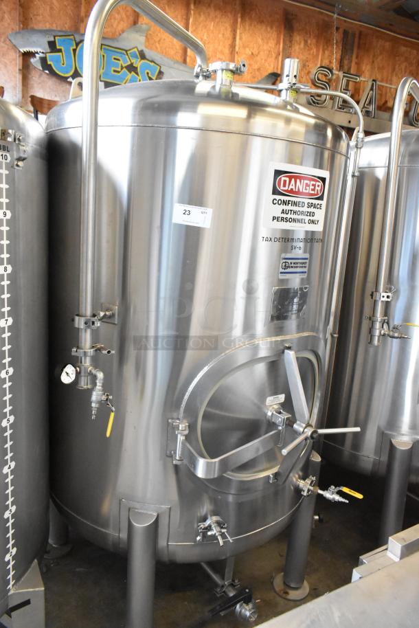 JV Northwest 10 BBL / 420 Gallon stainless steel beer brewing tank. Features gauges, safety labels, and a sealed hatch.