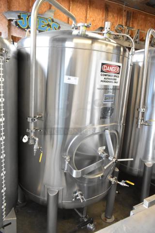 JV Northwest 10 BBL / 420 Gallon stainless steel beer brewing tank. Features gauges, safety labels, and a sealed hatch.