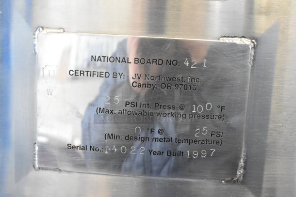 JV Northwest stainless steel fermenting tank label showing certification details, max pressure 25 PSI, built in 1997.