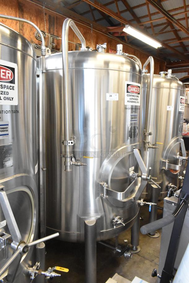 JV Northwest 10 BBL stainless steel beer brewing tank, 420-gallon capacity, floor style, with visible safety and capacity labels.