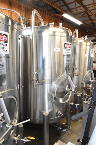 JV Northwest 10 BBL stainless steel beer brewing tank, 420-gallon capacity, floor style, with visible safety and capacity labels.