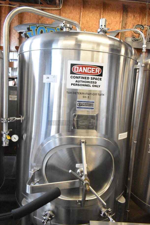 JV Northwest 10 BBL stainless steel brewing tank, 420-gallon capacity, floor style. Includes safety and brand labels.