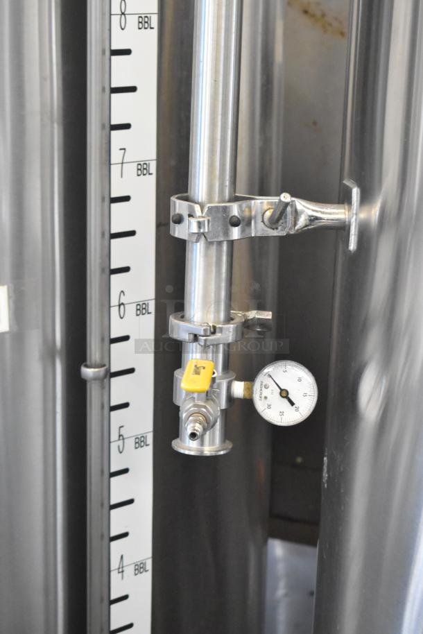 JV Northwest 10 BBL stainless steel beer brewing tank, floor style, with volume markings and pressure gauge. Good condition.