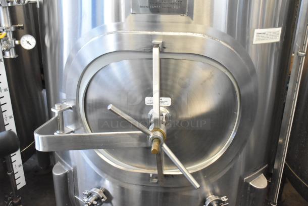 JV Northwest 10 BBL stainless steel fermenting tank, floor style, 420-gallon capacity, labeled with pressure gauges.