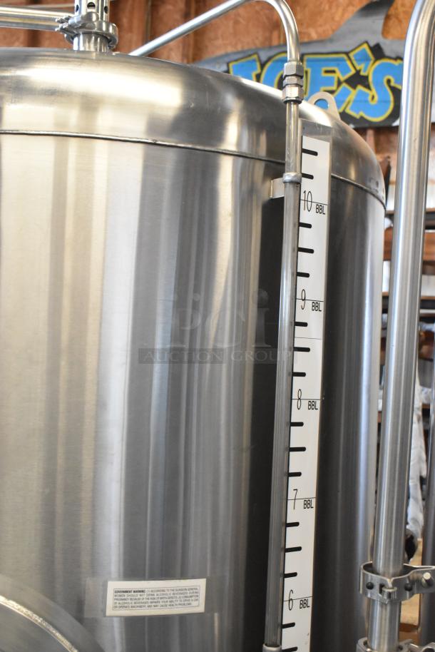 JV Northwest stainless steel 10 BBL brewing tank, 420-gallon capacity. Features measurement markings, excellent condition.