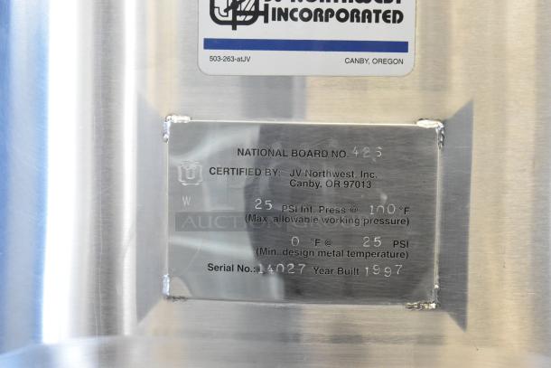 JV Northwest stainless steel 10 BBL/420 gallon brewing tank, serial 14027, certified, year built 1997, pressure details visible.