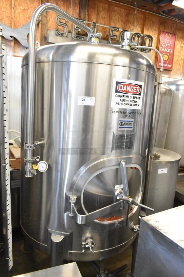 JV Northwest Stainless Steel 10 BBL/420 Gallon fermenting tank. Features confined space warning, pressure gauge, and valves.