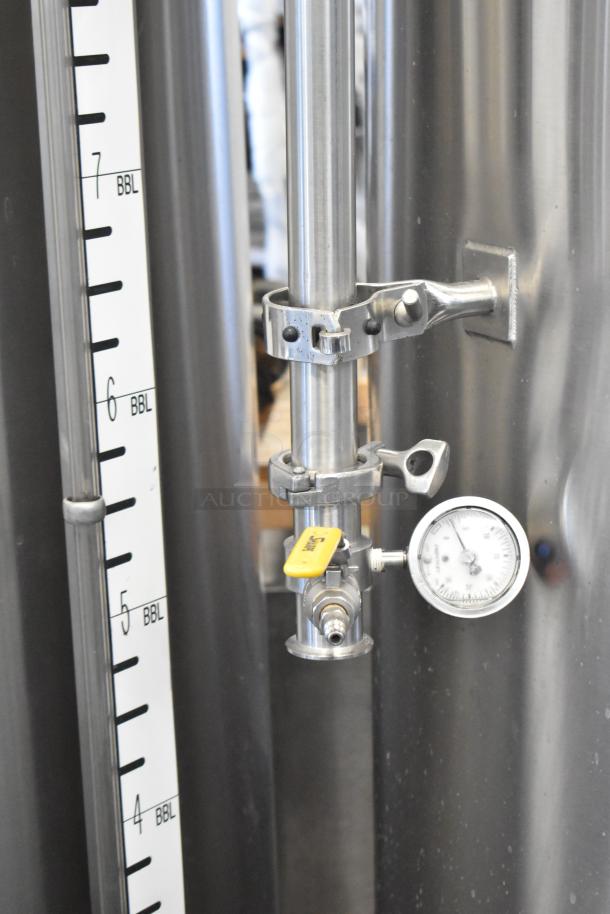JV Northwest stainless steel 10 BBL brewing tank with gauge and volume markings; ideal for commercial beer fermentation.