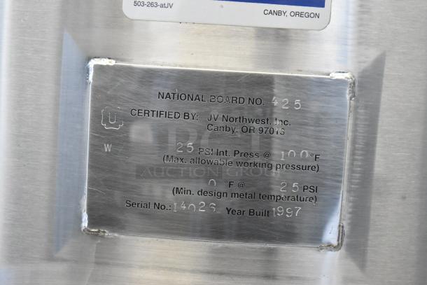JV Northwest stainless steel 10 BBL beer brewing tank label displaying certification details, max pressure, and year built 1997.