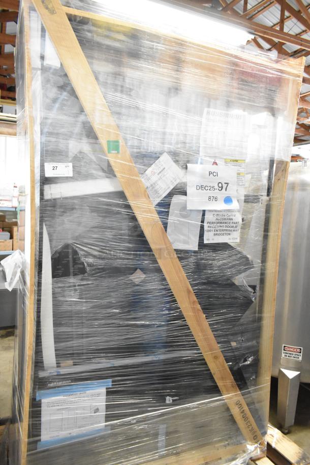 Brand new Hussmann MDN-4775B1A microSC 47" black merchandiser, scratch and dent, wrapped in packaging, with visible labels.