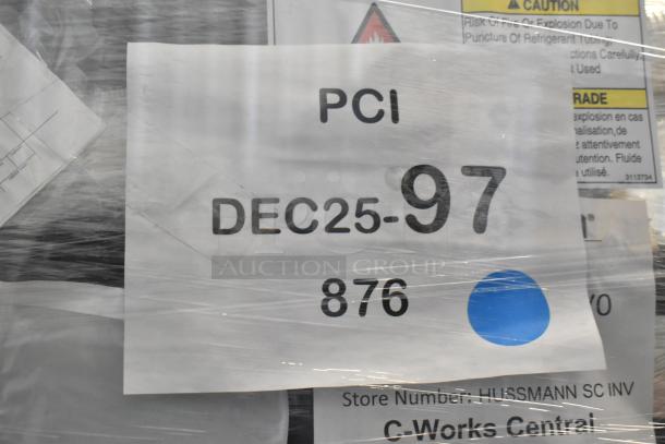 BRAND NEW Hussmann MDN-4775B1A microSC 47" black vertical open air curtain merchandiser, scratch and dent condition. Visible PCI label, DEC25-97, 876, caution warning sign.