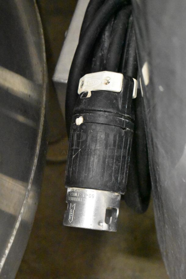 Metal commercial salad spinner on casters, includes power cord with industrial connector; suitable for heavy-duty use.