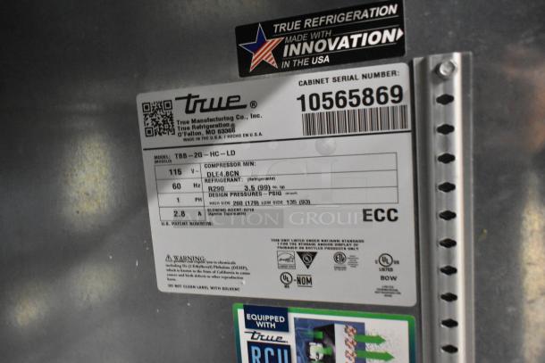 2023 True TBB-2G-HC-LD Back Bar Cooler label showing model, 115V, 60Hz. Made in USA, uses R290 refrigerant. Serial 10565869.