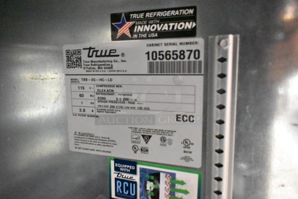Label on 2023 True TBB-2G-HC-LD Commercial Back Bar Cooler, 115V, Model TBB-2G-HC-LD. Displays specs and serial number.
