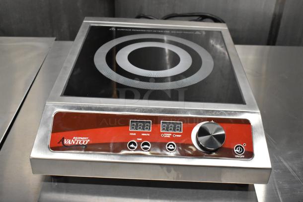 Brand new Avantco 177IC1800 stainless steel induction range, single burner, 120V, digital controls, in box.