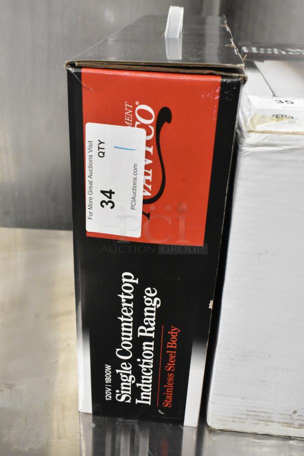 Brand new Avantco 177IC1800 stainless steel induction range in box. Features a single burner, 120V, 1 Phase, 1800W.