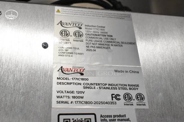 Avantco 177IC1800 induction range labels. Stainless steel, 120V, 1800W. ETL certified. Serial# 177IC1800-2025040353.