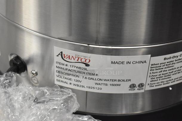 Avantco 177WB29L 7.6-gallon water boiler, brand new in box, 120V, 1500W, stainless steel finish, serial #WB29L1925120.