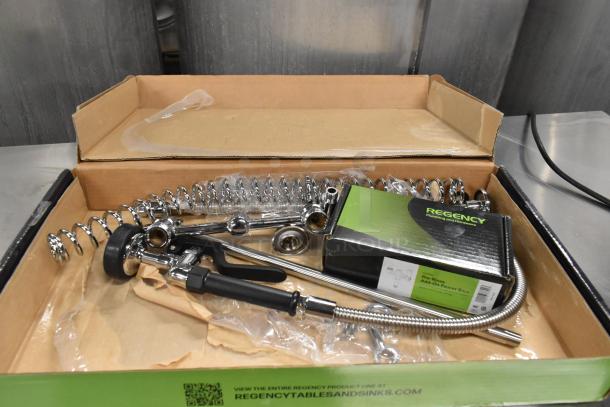 BRAND NEW Regency 600PRA Pre-Rinse Add-On Faucet Base in original box. Includes chrome components and installation hardware.