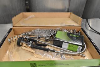 BRAND NEW Regency 600PRA Pre-Rinse Add-On Faucet Base in original box. Includes chrome components and installation hardware.