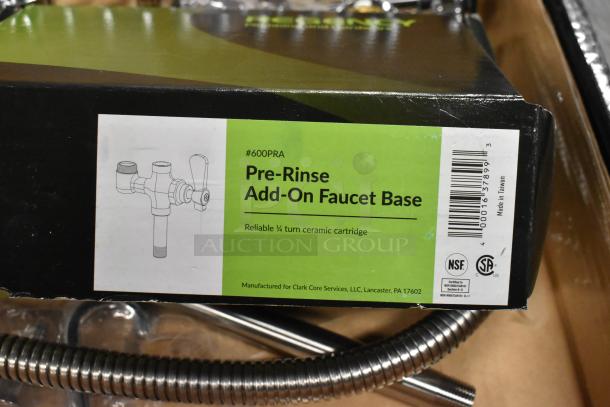Alt text: "Brand new Regency 600PRA Pre-Rinse Add-On Faucet Base in box. Reliable ¼ turn ceramic cartridge. NSF certified."