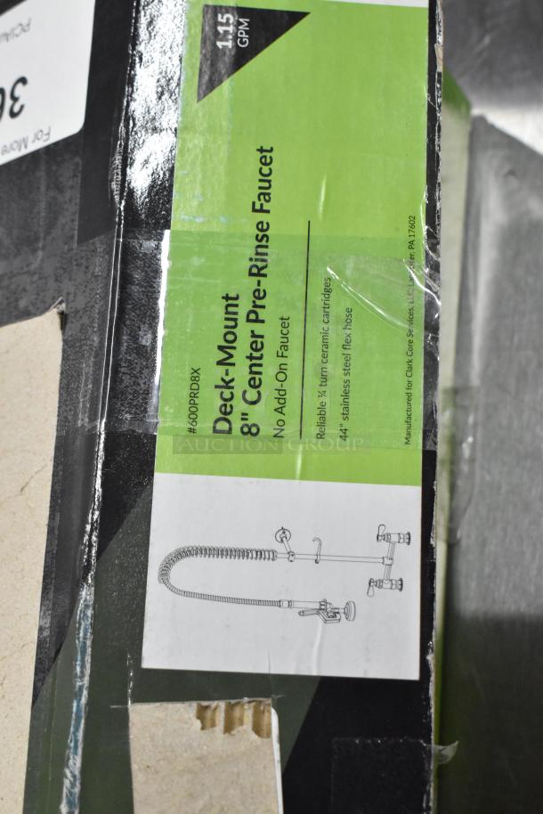 Brand new Regency 600PRA Pre-Rinse Add-On Faucet Base in box. Features deck-mount, 8" center, 44" stainless hose, 1.15 GPM.