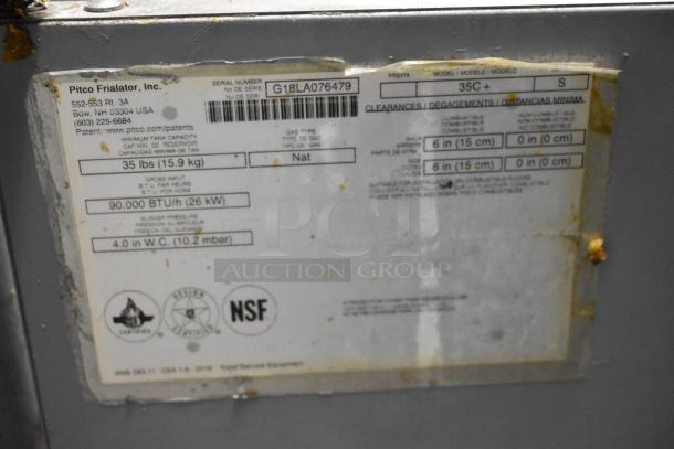 Pitco Frialator 35C Stainless Steel Deep Fat Fryer, 90,000 BTU, natural gas, commercial use, visible label with specs.