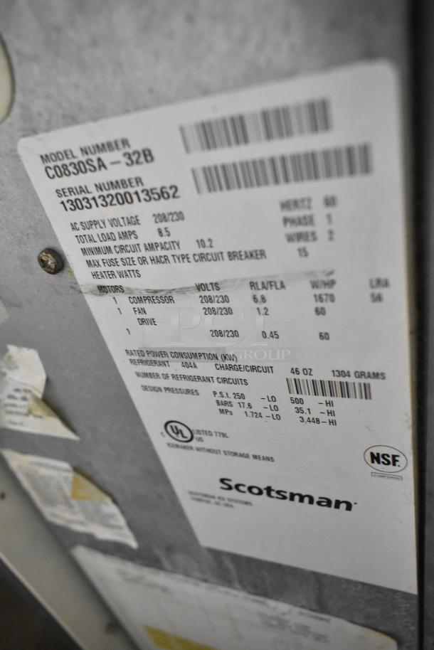 Scotsman C0830SA-32B Prodigy ice machine label, showing serial and model numbers, voltage details, and NSF certification.