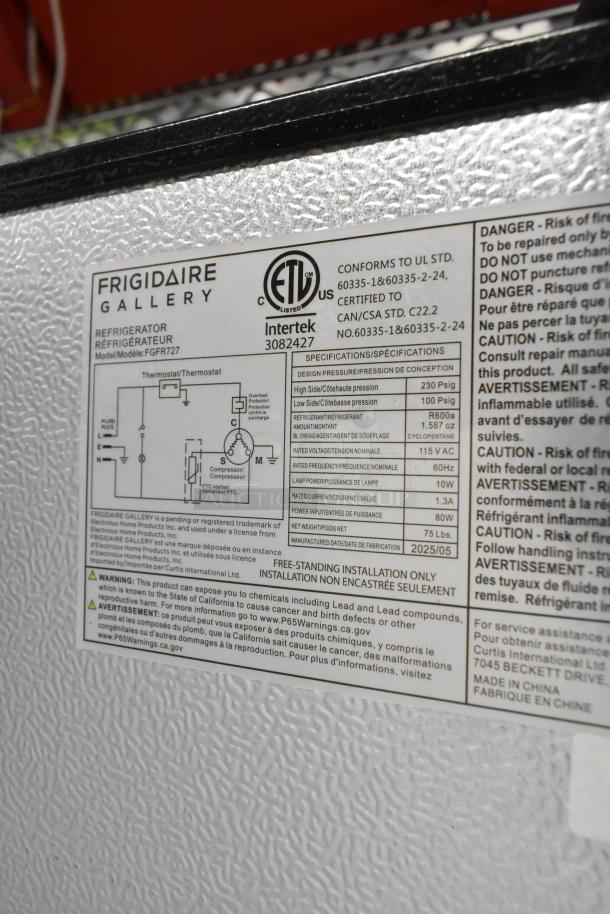 Frigidaire FGFR727 metal reach-in cooler with freezer. 115 volts, 1 phase. Includes ETL certification label.