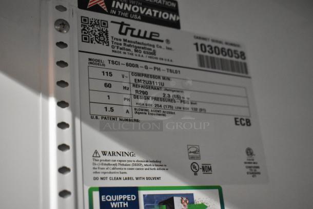 2021 True TSCI-600R-G-PH commercial cooler label, 115V, 1-phase, with refrigerant R290, safety warnings, and compliance logos.