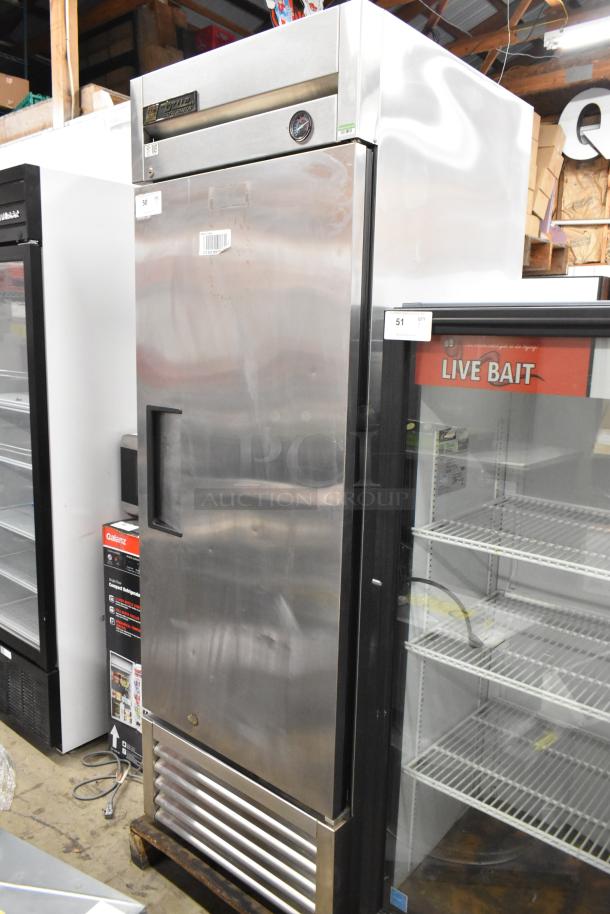 True T-23 Stainless Steel Commercial Single Door Reach In Cooler, 115V, 1 Phase, good condition, visible brand label.