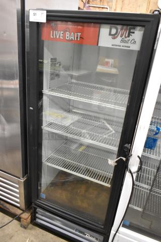 True GDM-12-HC-LD commercial cooler, single glass door, metal frame, poly coated racks, "Live Bait" sign, 115V, good condition.