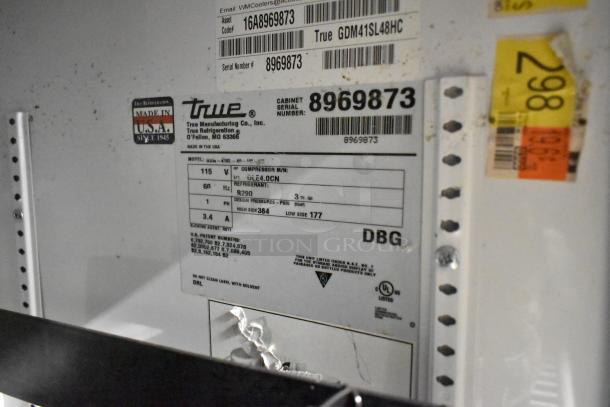 True GDM-41SL-48-HC-LD cooler label showing model, serial number, 115V, R290 refrigerant, and USA manufacturing details.