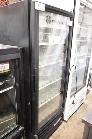 2017 True GDM-12-HC-LD single door cooler, black, with poly-coated racks, displaying Starbucks branding. 115V, 1 phase.