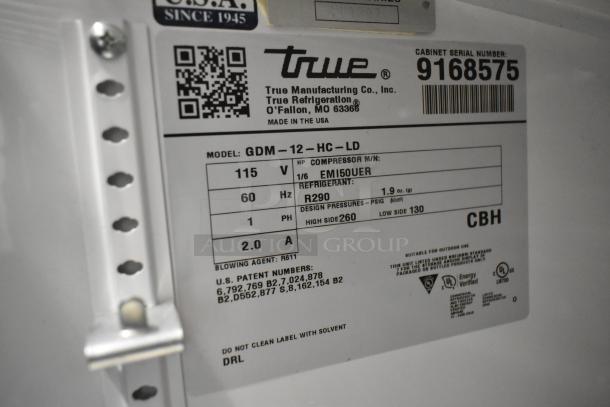 2017 True GDM-12-HC-LD cooler label, 115V, 1 phase, refrigerant R290, serial 9168575, 1/6 HP compressor. Made in USA.