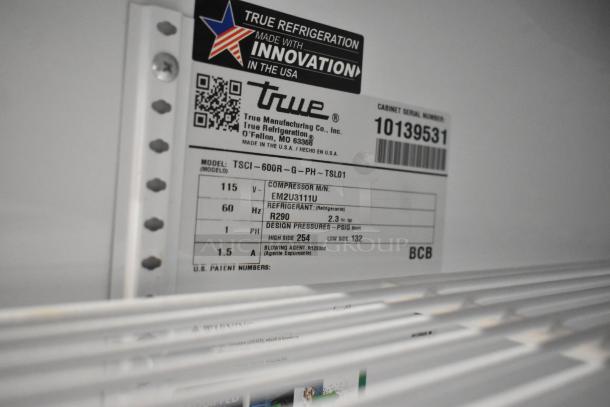 2021 True TSCI-600R-G-PH Commercial Cooler label, 115 volts, R290 refrigerant, made in USA, model info and specs.