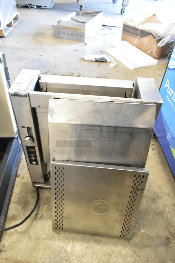 Prince Castle CTS-WS stainless steel vertical contact toaster, 120V, 1 phase, used condition, markings visible on control panel.