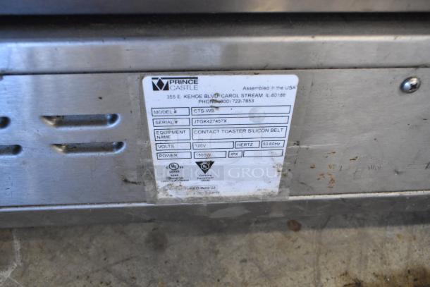 Prince Castle CTS-WS stainless steel vertical contact toaster, 120V, 1 Phase, serial JTGK427457X, UL certified label visible.