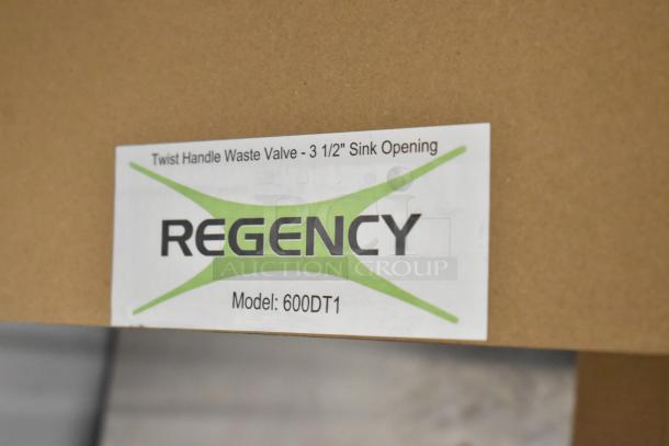 Regency 600DT1 waste valve label. Features twist handle, 3 1/2" sink opening, brand new condition.