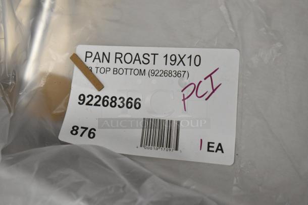 Label for Vollrath Wear-Ever aluminum roasting pan, model 92268366, with 19x10 dimensions, marked as “PCI”.