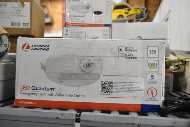 Lithonia Lighting LED Quantum emergency light box. Features adjustable optics, 1.2W lamps, white housing, NiCad battery.