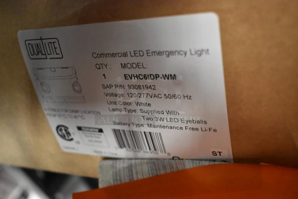 Dual Lite Commercial LED Emergency Light, model EVHC6IDP-WM. Features two 3W LED eyeballs, 120/277VAC, maintenance-free Li-Fe battery.